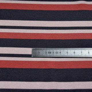 Tissu jersey côtelé rayures "Ritmika" terracotta, naturel et bleu marine – Collection Klass - Les Filles à Pois Design Les Fille