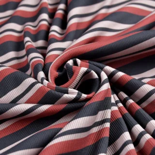 Tissu jersey côtelé rayures "Ritmika" terracotta, naturel et bleu marine – Collection Klass - Les Filles à Pois Design Les Fille