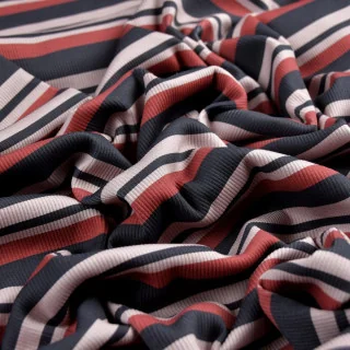 Tissu jersey côtelé rayures "Ritmika" terracotta, naturel et bleu marine – Collection Klass - Les Filles à Pois Design Les Fille