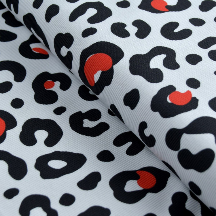 Tejido de punto elástico - Leopardo - "Contrastes" - Blanco, rojo y negro - Les Filles à Pois Les Filles à Pois - Design ® - Mer Tejido de punto elástico - Leopardo - "Contrastes" - Blanco, rojo y negro - Les Filles à Pois Les Filles à Pois - Design ® - Mer