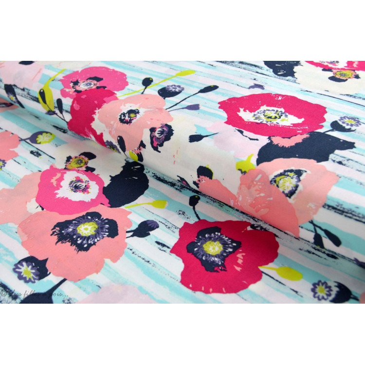 Tissu Popeline De Coton Motif Coquelicots Skopelos Blanc Bleu Et Rouge Oekotex Agf Achat Vente