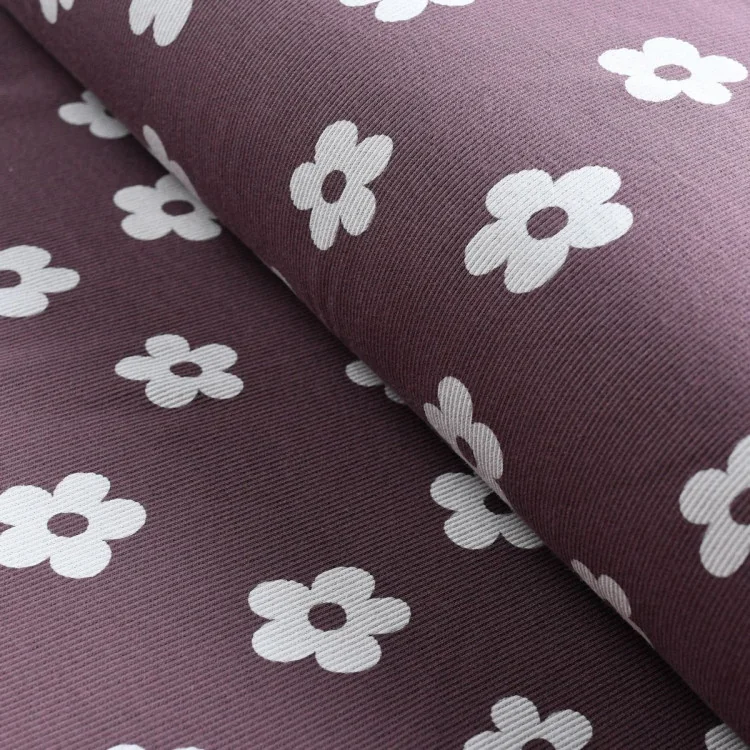 Jersey côtelé figue fleurs blanches – Bord-côtes Oeko-Tex extensible Tissus et mercerie créative – Nos sélections sans marque - 