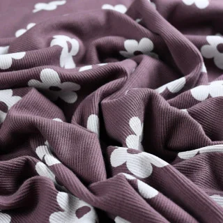 Jersey côtelé figue fleurs blanches – Bord-côtes Oeko-Tex extensible Tissus et mercerie créative – Nos sélections sans marque - 
