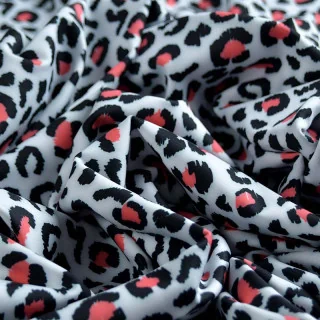 Lycra maillot de bain léopard corail et noir sur blanc UPF50+ "Velvet Wild" collection Klass – Les Filles à Pois Design Les Fill