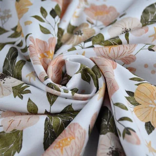 Tissu jersey “Luzerne” – Floral abricot & vert – Collection Daisy – Les Filles à Pois Design