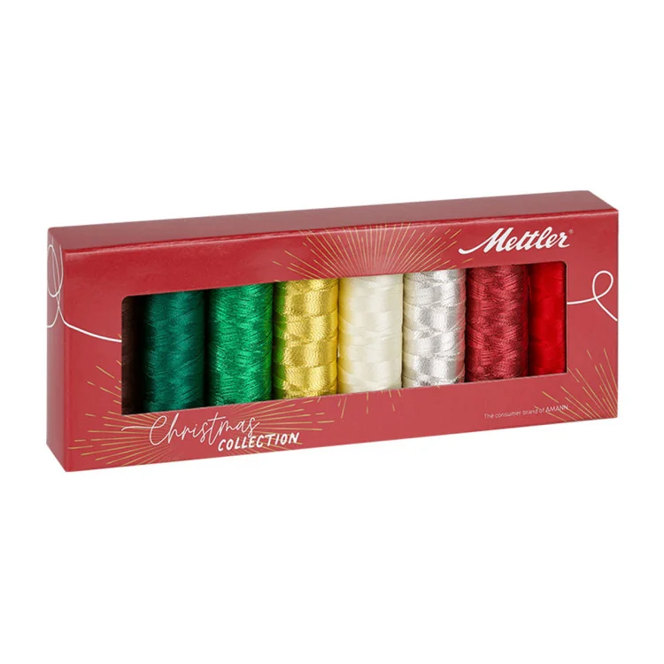 Coffret 8 bobines Mettler — 4 Poly Sheen n°40 + 4 fils métalliques | Broderie machine & effets brillants Coffret 8 bobines Mettler — 4 Poly Sheen n°40 + 4 fils métalliques | Broderie machine & effets brillants