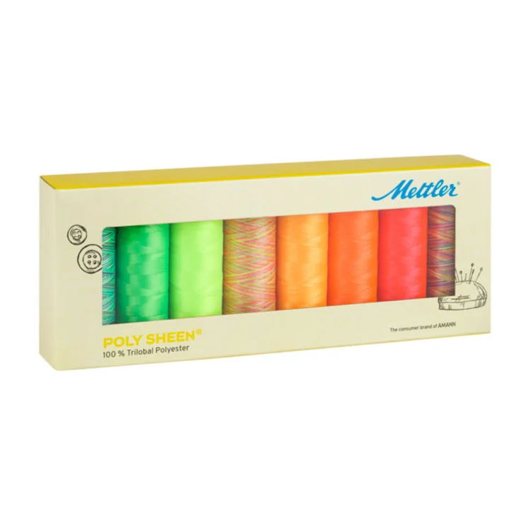 Coffret Mettler PolySheen Neon — 8 bobines n°40 (200 m) | Fil broderie polyester trilobé