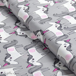 Tissu déperlant motif licorne "Unicorn" - Gris, rose et blanc Autres marques - 1
